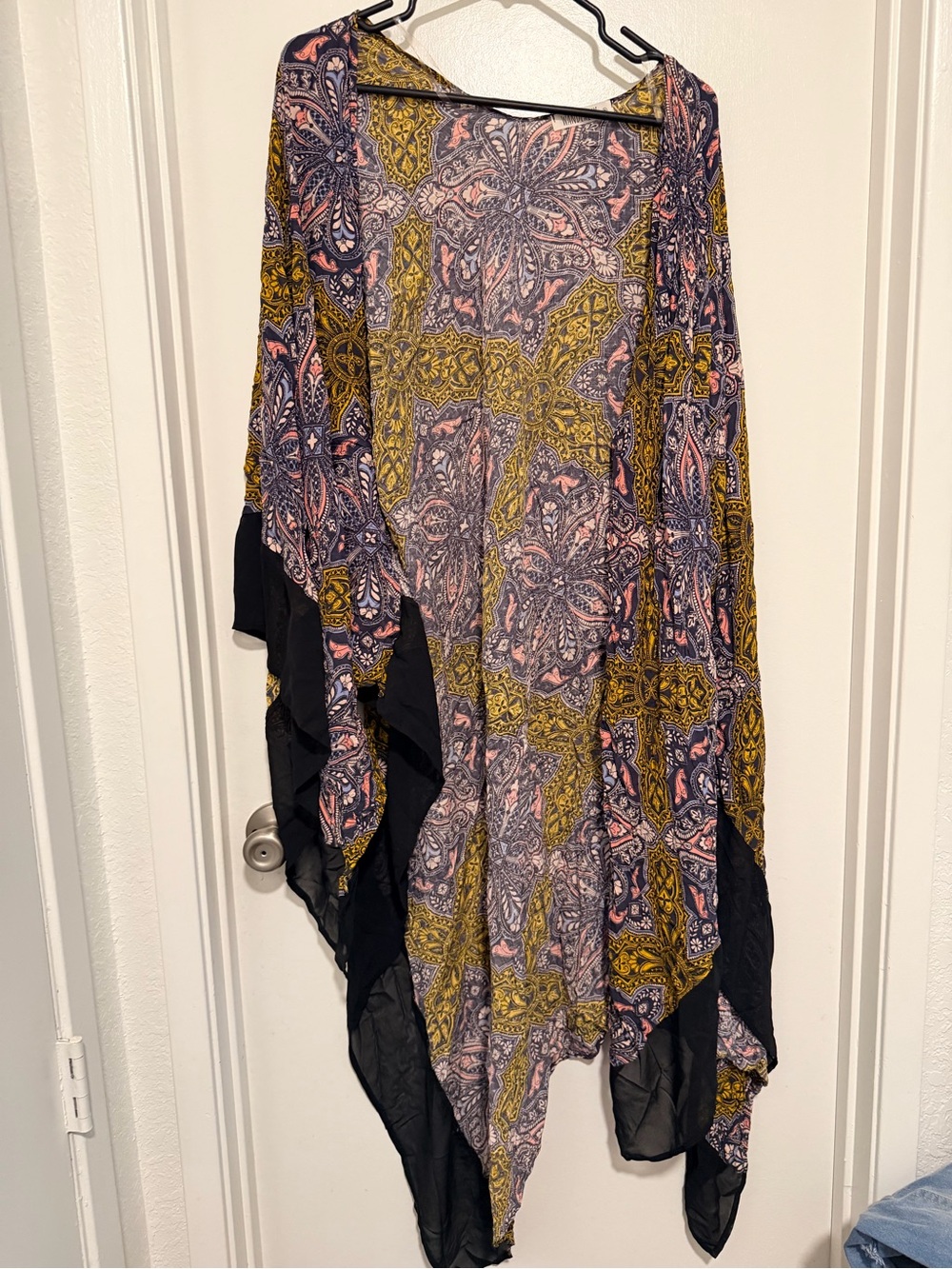 Patchwork Paisley Draped Open Kimono in Mustard, Pink & Black